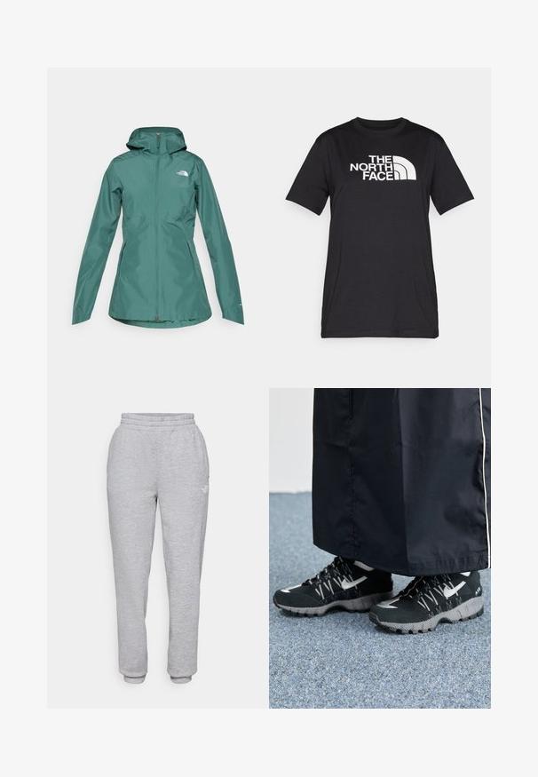 Chaqueta impermeable en azul verde con capucha, cierre completo y dos bolsillos laterales. Presenta un logo en el pecho y está hecha de un material liso y ligero.; Camiseta negra de algodón con un gran logo blanco de "THE NORTH FACE" en el pecho y cuello redondo. Mangas cortas, corte casual.; The North Face W MOUNTAIN ATHLETICS - Pantalones deportivos - pale grey heather/meld grey; Zapatillas deportivas negras con un upper texturizado, detalles plateados y una suela con patrón, combinadas con una prenda larga negra. Colocadas sobre una alfombra azul.