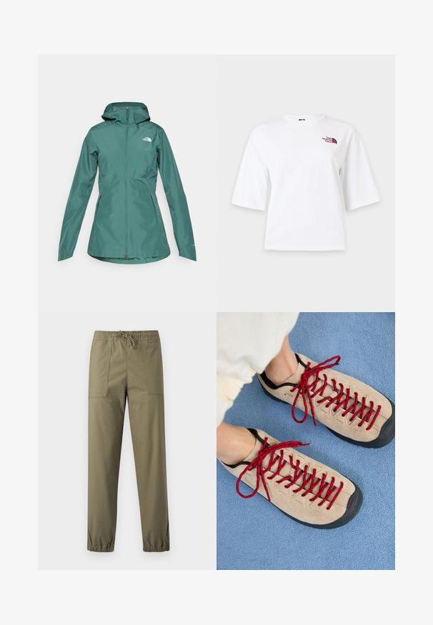 Teal vandtætsjakke med hætte, fuld lynlås og to sidelommer. Har et logo på brystet og er lavet af et glat, let materiale.; Hvid T-shirt med korte ærmer, rund hals og lille vinrødt logo på øverste venstre bryst.; Olivengrønne bukser lavet af et glat stof med elastisk taljebånd, justerbar snor og elastiske manchetter ved anklerne.; Beige sko med røde snørebånd, placeret på en blå tekstureret overflade, delvist synliggørende en persons ankel. Skoene har et sporty design.