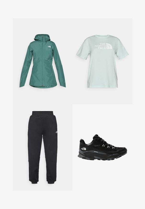 Chaqueta impermeable en azul verde con capucha, cierre completo y dos bolsillos laterales. Presenta un logo en el pecho y está hecha de un material liso y ligero.; Camiseta verde menta hecha de algodón suave, con un gran logo gráfico blanco en el pecho. Cuello redondo estándar y mangas cortas.; The North Face W MOUNTAIN ATHLETICS - Pantalones deportivos - black; Zapato de trail running negro con parte superior de malla, acentos reflectantes, suela de goma gruesa y talón reforzado. Cuenta con un sistema de cordones seguro.