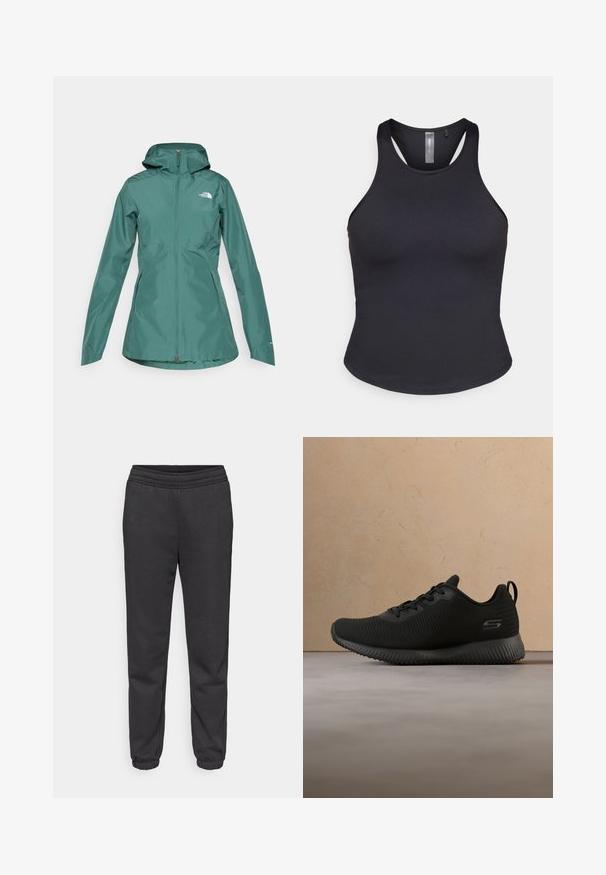 Teal vandtætsjakke med hætte, fuld lynlås og to sidelommer. Har et logo på brystet og er lavet af et glat, let materiale.; ONLY Play ONPSANA SHORT - Top - black; Mørkegrå joggingbukser med snøre i taljen, tilspidsede ben og elastiske manchetter. Fremstillet af et blødt, tekstureret stof.; Sorte sportsko med tekstureret overdel, rund tå og snørebånd. Har en polstret sål og en løkke i hælen for nem påtagning.