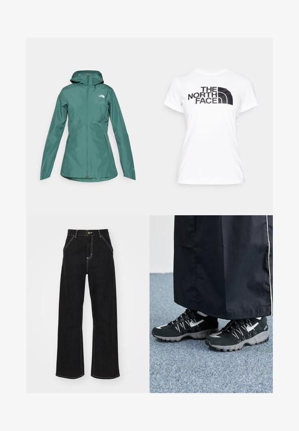 Teal waterproof jack met capuchon, volledige rits en twee zijzakken. Bevat een logo op de borst en is gemaakt van een glad, lichtgewicht materiaal.; Witte katoenen t-shirt met een zwart grafisch ontwerp van het "THE NORTH FACE" logo op de voorkant. Korte mouwen en ronde hals.; Zwart wijde jeans gemaakt van denim. Voorzien van contrasterende witte stiksels, voorkanten zakken en een knoopsluiting in de taille.; Zwarte atletische schoenen met een gestructureerde bovenkant, zilveren accenten en een gestippelde loopzool, gecombineerd met een zwart lang kledingstuk. Geplaatst op een blauwe vloerbedekking.
