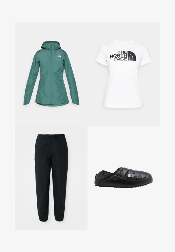 Teal vandtætsjakke med hætte, fuld lynlås og to sidelommer. Har et logo på brystet og er lavet af et glat, let materiale.; Hvid bomulds T-shirt med sort grafisk print af "THE NORTH FACE" logoet foran. Korte ærmer og rund halsudskæring.; Sorte tapered bukser lavet af et glat stof, med en elastisk talje, snor og sidelommer. Elastiske manchetter ved anklerne.; Sort isoleret slip-on sko med quiltet overdel, gummisål og strukturel detaljering. Har en hæltrækstrop og branding på siden.