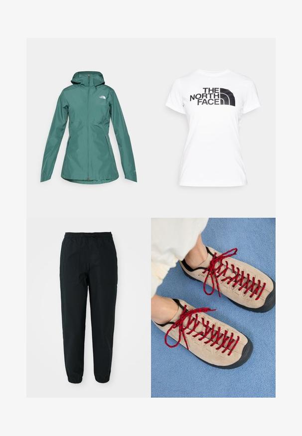 Veste imperméable teal avec capuche, fermeture éclair intégrale et deux poches latérales. Arbore un logo sur la poitrine et est fabriquée à partir d'un matériau lisse et léger.; T-shirt en coton blanc avec un imprimé graphique noir du logo "THE NORTH FACE" sur le devant. Manches courtes et col rond.; Pantalons fuselés noirs en tissu lisse, dotés d'une taille élastique, d'un cordon de serrage et de poches plaquées sur les côtés. Poignets élastiques aux chevilles.; Des chaussures beiges avec des lacets rouges, posées sur une surface bleue texturée, révèlent partiellement la cheville d'une personne. Les chaussures ont un design sportif.