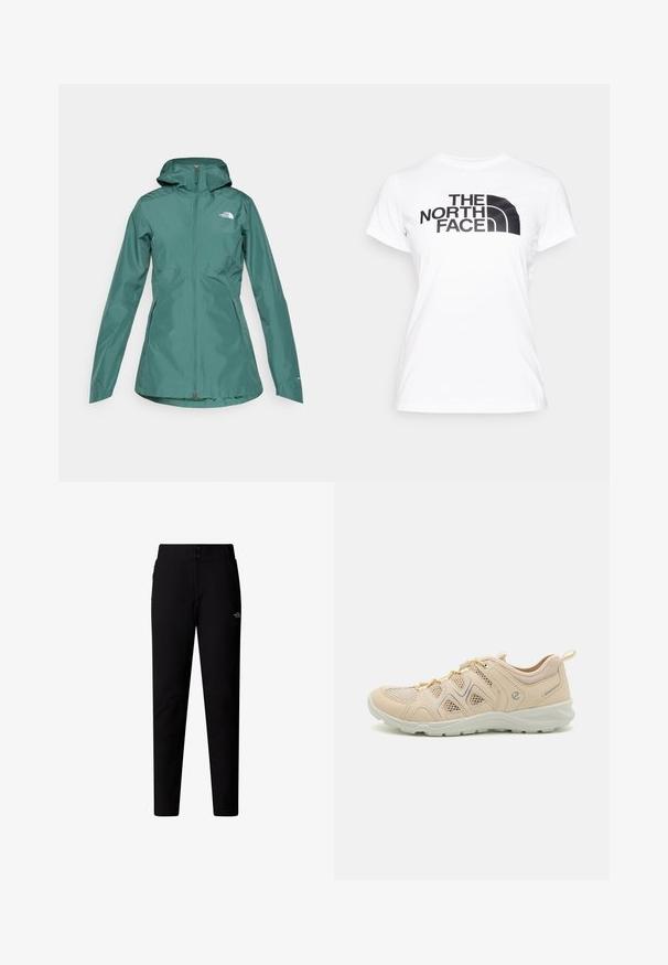 Teal vandtætsjakke med hætte, fuld lynlås og to sidelommer. Har et logo på brystet og er lavet af et glat, let materiale.; Hvid bomulds T-shirt med sort grafisk print af "THE NORTH FACE" logoet foran. Korte ærmer og rund halsudskæring.; The North Face W QUEST SOFTSHELL PANTS - Bukser - tnf black; Beige sportsko med mesh-paneler, strukturerede detaljer og en gummisål. Har snørebåndslukning og en påhæftningsstrop på hælen.