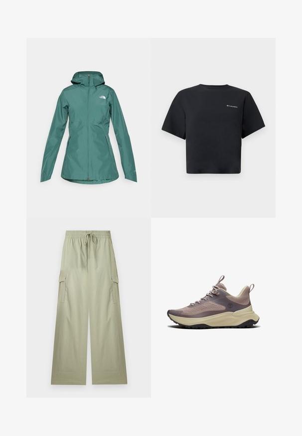 Veste imperméable teal avec capuche, fermeture éclair intégrale et deux poches latérales. Arbore un logo sur la poitrine et est fabriquée à partir d'un matériau lisse et léger.; T-shirt court noir à manches courtes, style crop, avec un petit logo Columbia blanc sur le côté gauche de la poitrine, col rond, design simple sur fond blanc.; Pantalon cargo vert clair à jambes larges avec taille élastique et cordon de serrage, doté de poches latérales à rabat et d'une coupe décontractée.; Baskets athlétiques marron clair et beige avec tige en tricot, semelle amortie, semelle extérieure noire et languettes de tirage sur la languette et le talon.