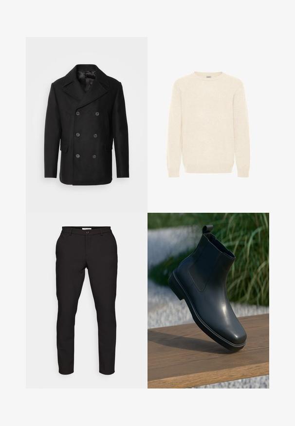 Isaac Dewhirst NEW SHORT PEACOAT SIDE ENTRY - Overgangsjakke - black; Cremefarvet striktrøje med lange ærmer og rund halsudskæring, med ribbede manchetter og kant.; Sorte skræddersyede bukser med slim fit. Har lynlås, knaplukning, sidelommer og et glat, let stof.; Sort læder ankelstøvle med en glat overflade, elastiske sider og et løkkeagtigt trækstrop, der hviler på en træoverflade mod en sløret baggrund.