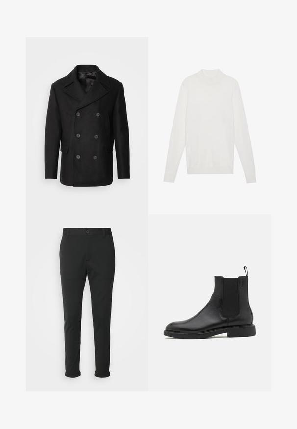 Isaac Dewhirst NEW SHORT PEACOAT SIDE ENTRY - Overgangsjakke - black; Hvid pullover sweater med høj halsudskæring, lange ærmer og ribbede manchetter og kant. Fremstillet af et blødt strikket stof. Simpelt og tætsiddende design.; Sorte bukser lavet af et glat stof med lige pasform. Har en enkelt knaplukning og opspejdede manchetter.; Sort læder ankelstøvle med glat overflade, elastiske sidepaneler og en trækstrop. Rund tå og flad gummisål med minimal mønster.