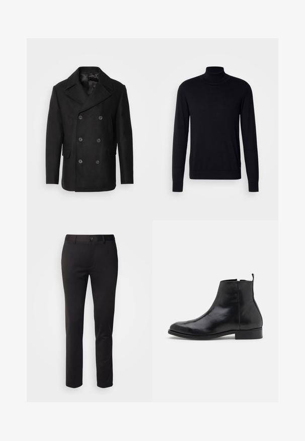 Isaac Dewhirst NEW SHORT PEACOAT SIDE ENTRY - Overgangsjakke - black; Sort tregnet trøje lavet af blødt stof. Har lange ærmer, ribbestrikket krave og manchetter, samt en glat overflade uden mønstre.; Sorte bukser i glat stof, med lige ben, frontlukning med knap og bæltestropper, vist på en hvid baggrund.; Zign by Zalando Støvletter - black