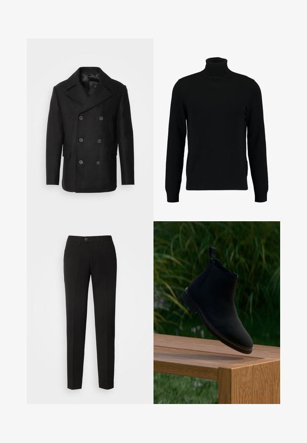 Isaac Dewhirst NEW SHORT PEACOAT SIDE ENTRY - Overgangsjakke - black; Sort turtleneck sweater lavet af et blødt strikmateriale. Har lange ærmer, ribbet krave og kant. Enkel, slank design uden mønstre.; Sorte lige bukser lavet af glat stof, med knaplukning og sidelommer i et klassisk design.; Sort Chelsea-støvle lavet af glat læder, med en trækflig, rund tå, elastiske sidepaneler og en lav hæl. Viset på en træoverflade.