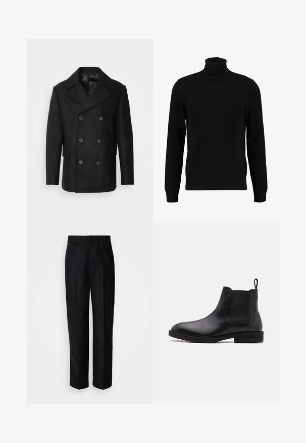 Isaac Dewhirst NEW SHORT PEACOAT SIDE ENTRY - Välikausitakki - black; Mustat poolokauluspusero, joka on valmistettu pehmeästä neulomateriaalista. Siinä on pitkät hihat, ribbireunus kauluksessa ja helmassa. Yksinkertainen, tyylikäs muotoilu ilman kuvioita.; Mustat housut, jotka on valmistettu sileästä kankaasta ja joissa on suora lahje, litteä etuosa ja vyölenkit, esiteltyinä yksinkertaista taustaa vasten.; Musta nahkainen Chelsea-saapas, jossa on joustavat sivupaneelit, pyöreä kärki ja matala lohkokorko. Takana on vetolenkkimäinen yksityiskohta, joka helpottaa pukemista.