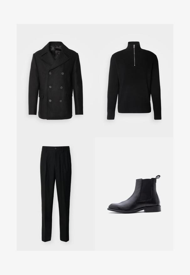 Isaac Dewhirst NEW SHORT PEACOAT SIDE ENTRY - Overgangsjakke - black; Lindbergh HALF ZIP RIB KNIT - Striktrøje - black; Sorte, skræddersyede bukser med høj talje, bæltestropper, forreste læg, sidelommer samt knap- og lynlåslukning.; Sort læder Chelsea-støvle med elastisk sidepanel, trækflig ved hælen, lav blokhæl og glat, rundet tå på hvid baggrund.