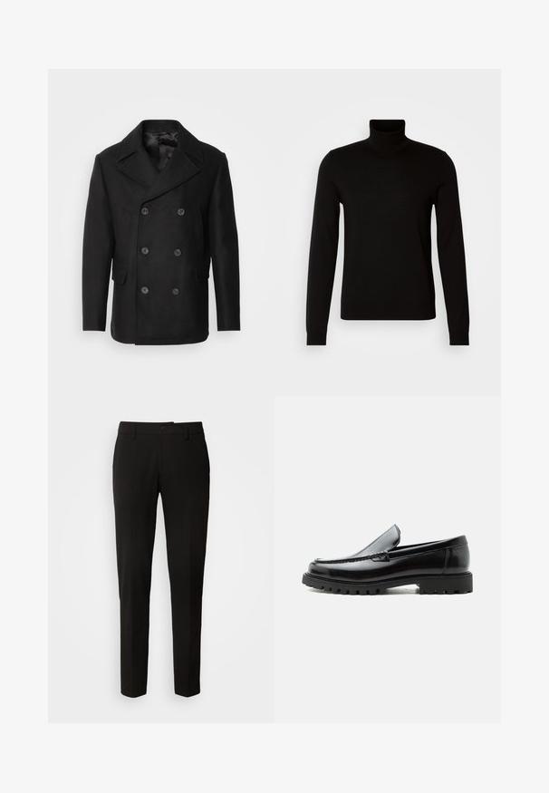 Isaac Dewhirst NEW SHORT PEACOAT SIDE ENTRY - Overgangsjakke - black; Sort turtleneck sweater lavet af et fint strikket stof, der har lange ærmer og en tætsiddende silhuet. Glat tekstur med ribbede manchetter.; Sorte bukser med lige ben design, der har knaplukning, bæltestropper og en glat stofstruktur. Ingen synlige mønstre eller accenter.; Sort læderloafer med chunky gummisål, syet overdel og præget mærkenavn på hælen, vist i sideprofil på hvid baggrund.