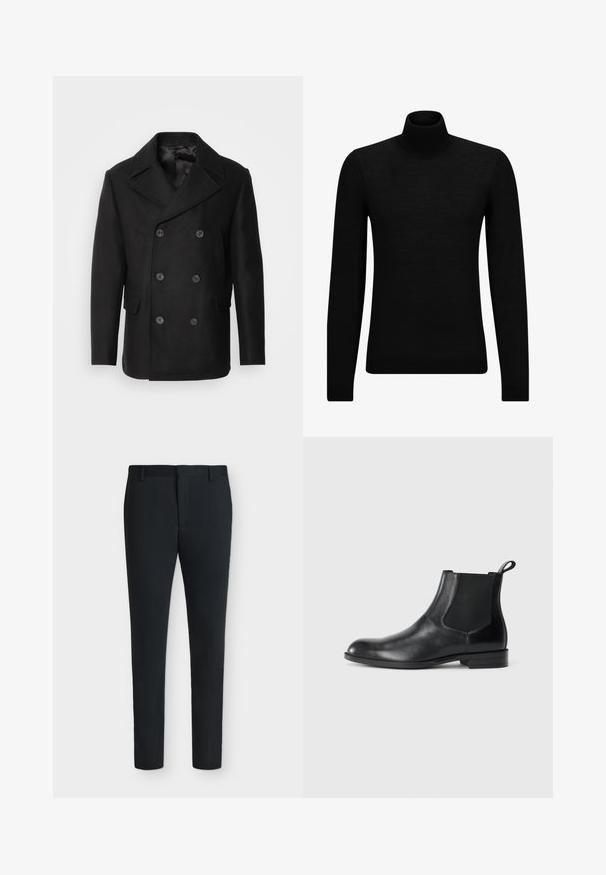 Isaac Dewhirst NEW SHORT PEACOAT SIDE ENTRY - Chaqueta de entretiempo - black; Jersey de cuello alto negro hecho de un material suave, con mangas largas y un ajuste ceñido. Ribete acanalado en el dobladillo y los puños. Diseño simple.; Pantalones de vestir negros de corte ajustado con trabillas, cremallera frontal y sin bolsillos visibles, mostrados sobre un fondo blanco liso.; Botín negro de cuero hasta el tobillo con paneles elásticos a los lados, punta redondeada y lengüeta. Textura suave, suela plana, diseño minimalista.