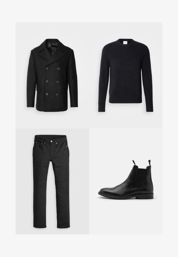 Isaac Dewhirst NEW SHORT PEACOAT SIDE ENTRY - Overgangsjakke - black; Marineblå crewneck-trøje lavet af blødt strikstof. Den har lange ærmer samt ribstrikkede manchetter og kant for en tætsiddende pasform.; Sorte denimbukser med lige ben, der har lynlås i gylpen, fem lommer og metalknapdetaljer. Glat tekstur.; Sort læder Chelsea-støvle med elastiske sidepaneler, rund tå, trækflapper og en lav stablet hæl. Glat tekstur og klassisk design.
