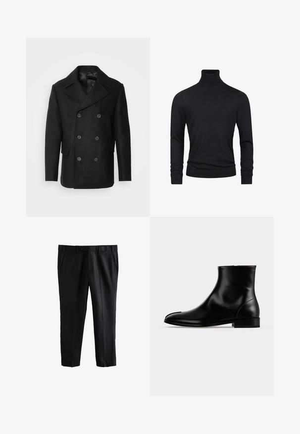 Isaac Dewhirst NEW SHORT PEACOAT SIDE ENTRY - Overgangsjakke - black; Sort turtleneck sweater med lange ærmer, lavet af et glat strikstof, med ribbede manchetter og søm for et tætsiddende udseende.; Sorte formelle bukser med bæltestropper, sidelommer og knaplukning foran, vist på en hvid baggrund.; Sort poleret læderankelstøvle med lav hæl og sidelås, slankt og glat design på en ensfarvet lys baggrund.