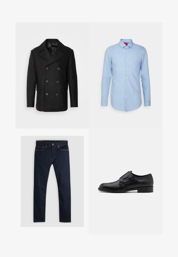 Isaac Dewhirst NEW SHORT PEACOAT SIDE ENTRY - Jas - black; Lichtblauw langemouwen shirt van katoen. Voorzien van een button-down kraag en een voorflap met witte knopen. Glad textuur, slim fit.; Levi's® 510® SKINNY - Jeans Skinny Fit - dark hollow; Zwarte leren dresschoen met dubbele gespen, slank silhouet en ronde neus. Kenmerkt zich door een lage hak en een gladde textuur.