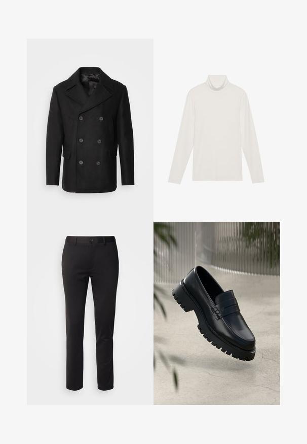 Isaac Dewhirst NEW SHORT PEACOAT SIDE ENTRY - Overgangsjakke - black; Langærmet turtleneck top i hvid. Blødt, strækbart stof med en tætsiddende silhuet. Har en høj krave og minimal sømdetaljering.; Sorte bukser i glat stof, med lige ben, frontlukning med knap og bæltestropper, vist på en hvid baggrund.; Sorte læder loafers med en chunky sål, der har en dekorativ rem og syninger. Glat tekstur med en poleret overflade.