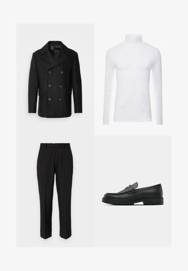 Isaac Dewhirst NEW SHORT PEACOAT SIDE ENTRY - Overgangsjakke - black; Hvid langærmet turtleneck skjorte lavet af blødt, strækbart materiale. Har en høj krave og et tætsiddende design, som giver en strømlinet silhuet.; Sorte bukser lavet af glat stof, med lige ben design, forlommer, en enkelt knaplukning, og uden synlige mønstre.; Sorte læder loafers med rund tå, der har et syet design, lav platformssål og en struktureret, skridsikker gummisål.