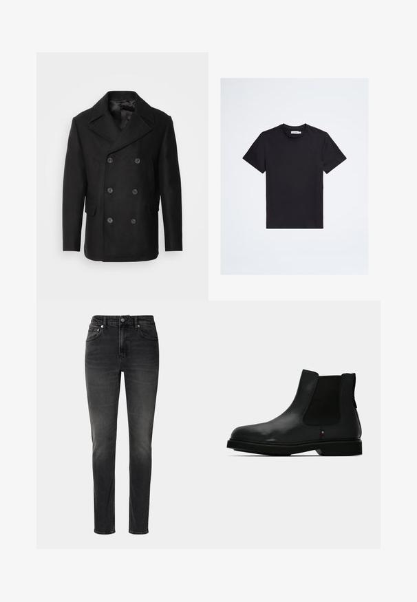 Isaac Dewhirst NEW SHORT PEACOAT SIDE ENTRY - Overgangsjakke - black; Sort t-shirt med korte ærmer og rund hals med lille tonalt logo på venstre bryst og hvid mærkeetiket inde i kraven.; Sorte jeans lavet af denim, med lige pasform, fem lommer og knaplukning. Lys falmning tilføjer struktur til stoffet.; Sort læder Chelsea-støvle med elastiske sidepaneler, rund tå og tekstureret overdel. Har en flad gummisål og diskret mærkedetalje.