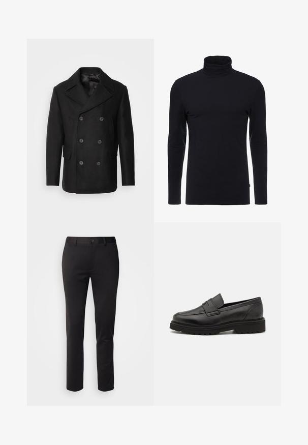 Isaac Dewhirst NEW SHORT PEACOAT SIDE ENTRY - Overgangsjakke - black; Sort langærmet turtleneck skjorte lavet af blødt, strækbart stof. Har et tætsiddende design og en glat tekstur. Ingen synlige mønstre eller accenter.; Sorte bukser i glat stof, med lige ben, frontlukning med knap og bæltestropper, vist på en hvid baggrund.; Sort læder loafersko med rund tå, syningsdetaljer og en tyk, struktureret sål. Har et elegant, minimalistisk design.
