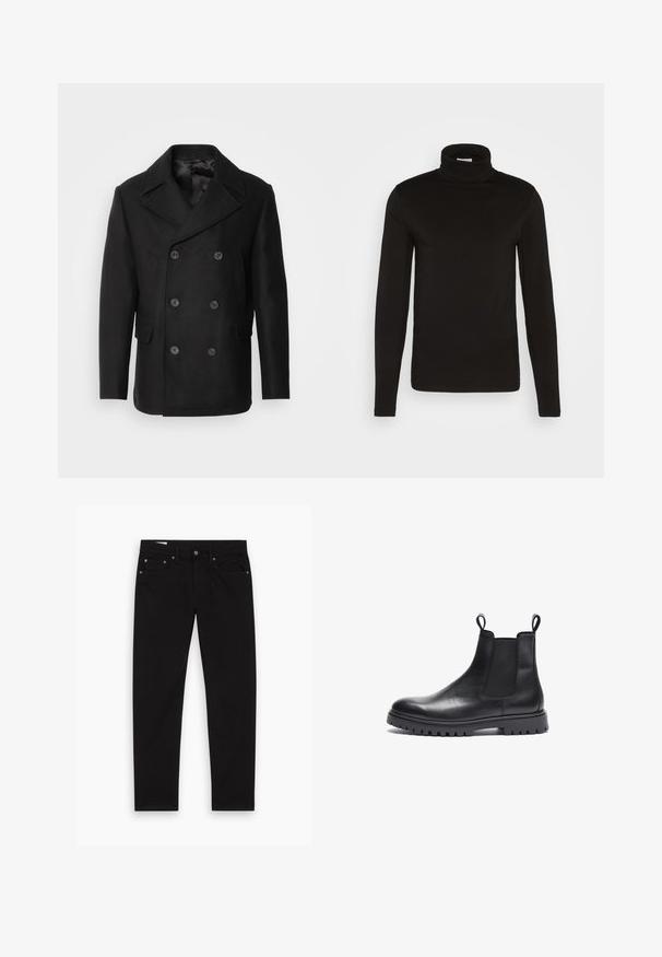 Isaac Dewhirst NEW SHORT PEACOAT SIDE ENTRY - Overgangsjakke - black; Sort turtleneck langærmet skjorte lavet af et glat stof med en tætsiddende design og en høj, tætsiddende krave. Ingen mønstre eller accenter synlige.; Sorte lige ben jeans med for- og baglommer, bæltestropper samt knappeslås og lynlås, lagt fladt på en hvid baggrund.; Sorte læder Chelsea-støvler med tekstureret finish, elastiske sidepaneler og trækflapper. Har en kraftig gummisål med mønster.