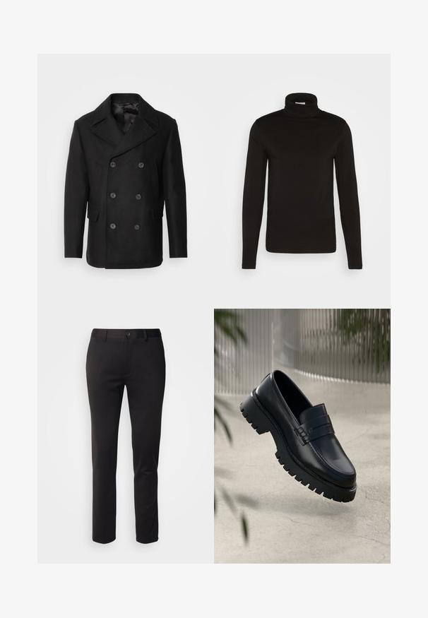 Isaac Dewhirst NEW SHORT PEACOAT SIDE ENTRY - Chaqueta de entretiempo - black; Camiseta de cuello alto de manga larga negra, elaborada en una tela suave con un diseño ajustado y un cuello alto, ceñido. Sin patrones ni acentos visibles.; Pantalones negros de tela suave, con un diseño de pierna recta, cierre de botón en la parte delantera y cinturas, exhibidos sobre un fondo blanco.; Mocasines de cuero negro con suela gruesa, que presentan una correa decorativa y detalles de costura. Textura suave con un acabado pulido.