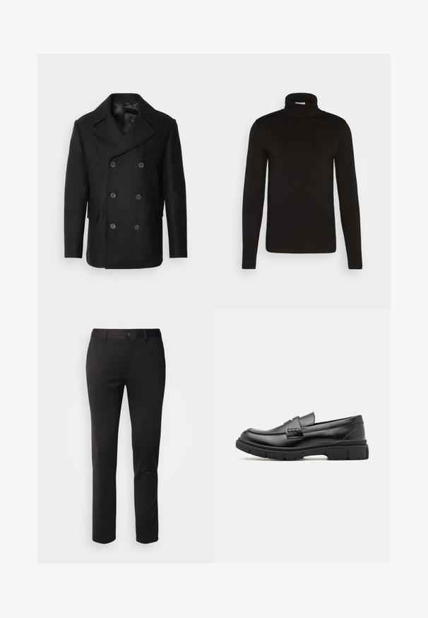 Isaac Dewhirst NEW SHORT PEACOAT SIDE ENTRY - Overgangsjakke - black; Sort turtleneck langærmet skjorte lavet af et glat stof med en tætsiddende design og en høj, tætsiddende krave. Ingen mønstre eller accenter synlige.; Sorte bukser i glat stof, med lige ben, frontlukning med knap og bæltestropper, vist på en hvid baggrund.; Sort læder loafersko med en bred rem over forfoden, gummisål med tykke mønstre og glat overflade. Klassisk, slankt design.