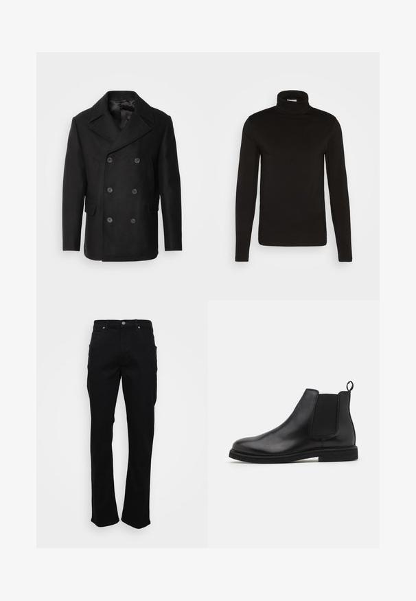 Isaac Dewhirst NEW SHORT PEACOAT SIDE ENTRY - Chaqueta de entretiempo - black; Camiseta de cuello alto de manga larga negra, elaborada en una tela suave con un diseño ajustado y un cuello alto, ceñido. Sin patrones ni acentos visibles.; Jeans rectos negros con bolsillos frontales, presillas para cinturón y cierre de botón sobre un fondo blanco.; Botas Chelsea de cuero negro con paneles laterales elásticos y una lengüeta. Punta redonda y suela de goma plana, con un acabado suave.