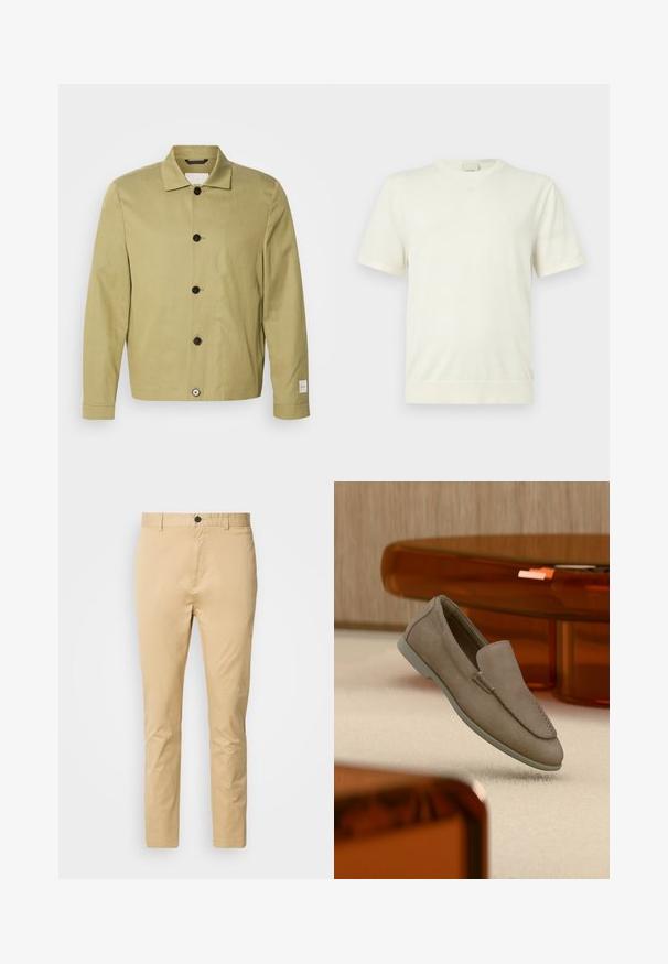 Veste vert olive clair en lin, présentant une coupe droite, des boutons noirs et une étiquette sur la manche. Aucun motif ni ornement visible.; T-shirt blanc uni à manches courtes avec col rond, ourlet et poignets côtelés, présenté sur un fond gris clair neutre.; Chinos beiges en coton avec une texture lisse. Comprend une fermeture à bouton, des passants de ceinture et une taille fuselée vers la cheville.; Mocassin beige en daim à enfiler avec coutures visibles et semelle claire, positionné au-dessus d'un tapis crème, avec un meuble translucide orange en arrière-plan.