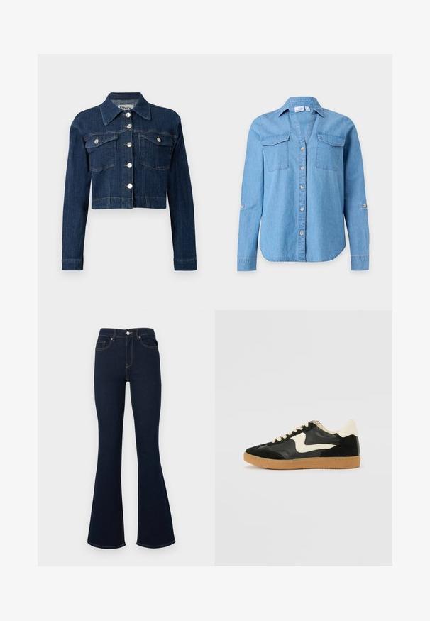 Mørk denim cropped jakke med spids krave, sølvknapper og to brystlommer med klapper. Glat tekstur med subtile syninger.; Langærmet lyseblå denimskjorte med krave, knapper foran og to brystlommer med klapper på ensfarvet baggrund.; Mørkeblå udvidede jeans med høj talje, forlommer og kontrastsyninger, lavet af denimstof med en glat tekstur.; Sorte ruskinds- og lædersneakers med en cremefarvet side-swoosh og lys cremefarvet hæl. Har beige snørebånd og en gummirubber-sål.
