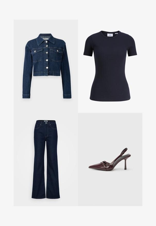 Donker denim cropped jack, met een puntige kraag, zilveren knopen en twee borstzakken met kleppen. Glad textuur met subtiele stikseldetails.; Marineblauw geribd nauwsluitend T-shirt met korte mouwen, ronde hals en JJXX merklabel aan de binnenzijde van de kraag.; ONLY Tall ONLJUICY WIDE RINSE - Wide leg - dark blue denim; Bordeauxrode lakleren slingback met puntige neus, dunne enkelband en kleine decoratieve gespsluiting. Gladde textuur en hoge hak.
