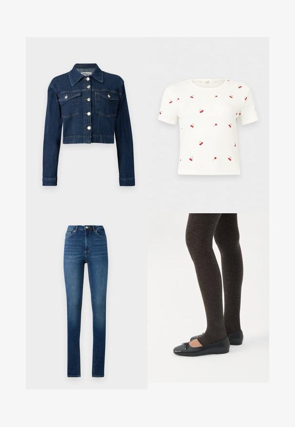 Mørk denim cropped jakke med spids krave, sølvknapper og to brystlommer med klapper. Glat tekstur med subtile syninger.; Hvid, kortærmet cropped skjorte med små røde kirsebærmønstre og grønne blade spredt ud over stoffet.; Høj talje skinny jeans i medium blå denim med klassisk fem-lomme design og knaplukning.; Ben iført mørke ribbede leggings kombineret med sorte balletsko med små sløjfedetaljer på hvid baggrund.