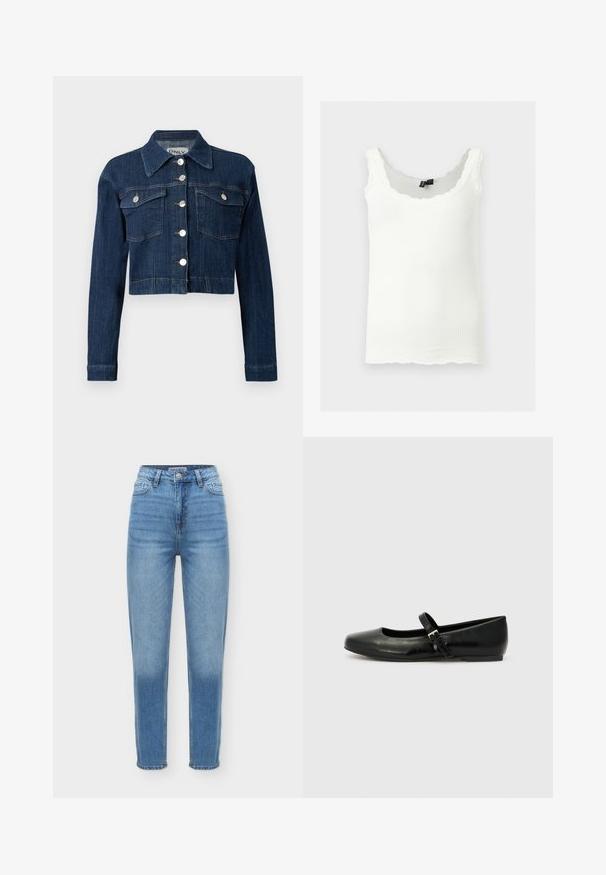Mørk denim cropped jakke med spids krave, sølvknapper og to brystlommer med klapper. Glat tekstur med subtile syninger.; Hvid ribbet tanktop med blondekantede stropper og bølgede kanter, vist mod en lysegrå baggrund.; Blå jeans med høj talje, lige ben, frontknap, lynlås, bæltestropper og fem-lomme-design på en ensfarvet baggrund.; Sorte læder balletflade med rund tå, flad sål og en tynd justerbar rem over svangen med en metalspænde.