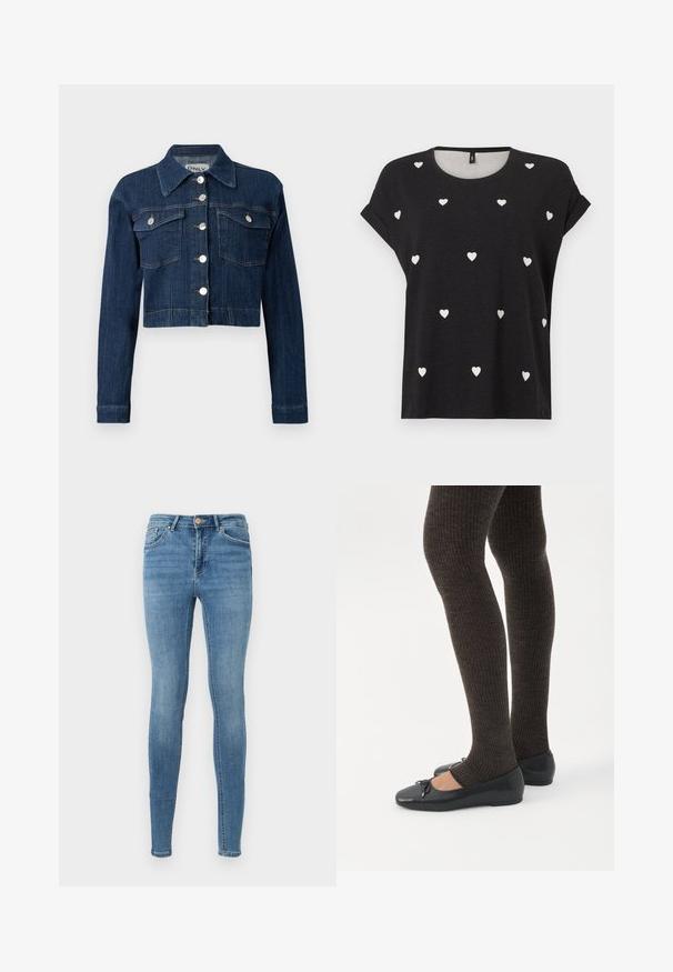 Donker denim cropped jack, met een puntige kraag, zilveren knopen en twee borstzakken met kleppen. Glad textuur met subtiele stikseldetails.; Zwart T-shirt met korte mouwen, versierd met verspreide kleine witte hartjes, ronde halslijn en een losse pasvorm. Gemaakt van een zacht textielmateriaal.; Blauwe high waist skinny jeans met voorzakken, riemlussen, knoopsluiting en subtiele vervaging op de dijen en knieën.; Benen met donkere geribbelde leggings gecombineerd met zwarte ballerina's met kleine strikdetails op een witte achtergrond.