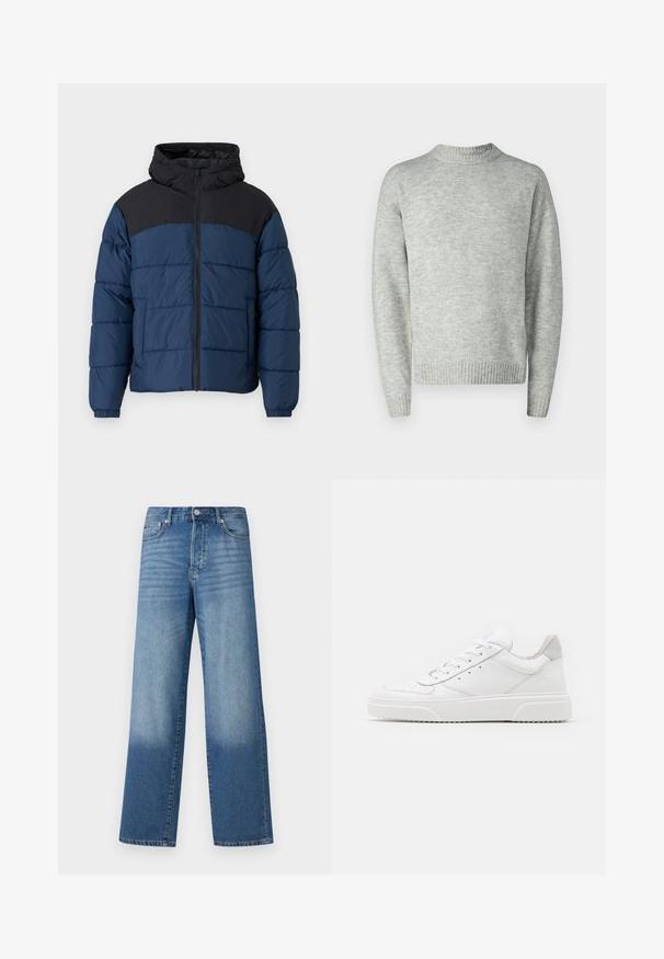 Marineblå pufferjakke med sorte skuldre, der har en frontlynlås, hætte og elastiske manchetter. Vandsækkende materiale med quiltet struktur.; Lys grå pullover sweater, strikket tekstur, rund hals, lange ærmer, ribbede kanter og manchetter, afslappet pasform, minimalistisk design.; Blå højtaljede strækte jeans med falmede områder på lårerne og mørkere skygger nær kanten, synlig frontknap og lommer.; Hvide lædersneakers med en glat finish, rund tå, flade snørebånd og en struktureret sål. Grå ruskindsdetalje ved hælen.