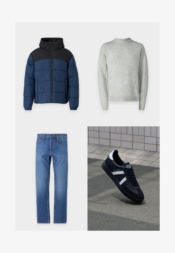 Marineblå pufferjakke med sorte skuldre, der har en frontlynlås, hætte og elastiske manchetter. Vandsækkende materiale med quiltet struktur.; Lys grå pullover sweater, strikket tekstur, rund hals, lange ærmer, ribbede kanter og manchetter, afslappet pasform, minimalistisk design.; Blå denim jeans med lige ben, klassisk fem-lomme design, kobbersting og en falmet vask for et slidte look.; Sort lædersneaker med hvide striber, tekstureret gummisål og snørrebånd foran. Har et brandet mærke på tungen.