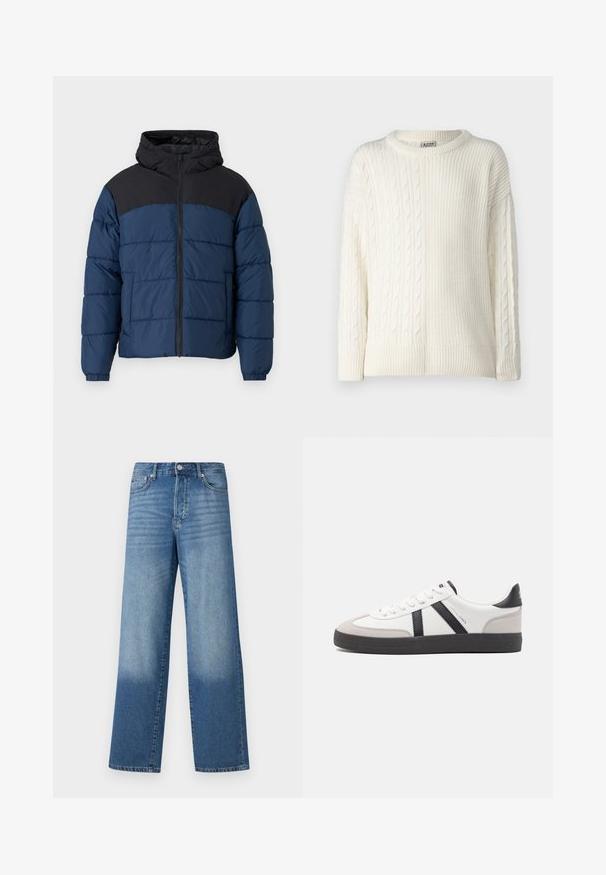Tumesinine puffer-jakk mustade õlgadega, esiküljel on tõmblukk, kapuuts ja elastsed mansetid. Veekindel materjal, millel on tikitud tekstuur.; Denim Project DPMDPKNITTED COMBINED SWEATSHIRT - Džemper - off white; Sinine kõrge vöökohaga sirge lõikega teksapüksid, millel on reitel pleekinud piirkonnad ja tumedamad varjud hemides. Nähtavad eesmine nupp ja taskud.; Valged tossud mustade ja hallide aktsentidega, tekstureeritud halli varbakattega, musta kummitald ja lamedad valged paelad. Puhtad jooned, minimalistlik stiil.