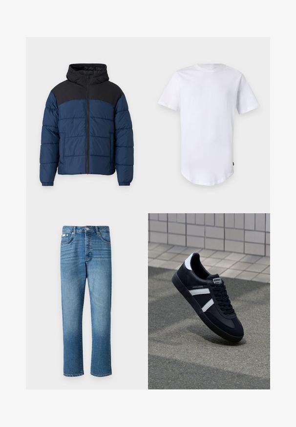 Abrigo acolchado azul marino con hombros negros, que presenta una cremallera frontal, capucha y puños elásticos. Material impermeable con textura acolchada.; Camiseta blanca de manga corta hecha de algodón. Diseño de cuello redondo con dobladillo curvado. Etiqueta visible en el lado inferior izquierdo. Textura suave.; Jeans de mezclilla de un azul claro con corte recto, que cuentan con un cierre de botón, cinco bolsillos y un ligero desgaste en los muslos y el dobladillo.; Zapatilla de cuero negra con rayas blancas, suela de goma texturizada y parte frontal con cordones. Cuenta con una etiqueta de marca en la lengüeta.