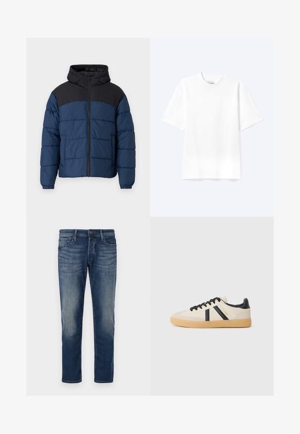 Abrigo acolchado azul marino con hombros negros, que presenta una cremallera frontal, capucha y puños elásticos. Material impermeable con textura acolchada.; Camiseta lisa blanca de manga corta y cuello redondo con un corte relajado, mostrada sobre un fondo claro.; Vaqueros de mezclilla azul oscuro con un corte clásico, diseño de cinco bolsillos, un ligero desgaste en los muslos y un corte recto. Cierre con botón de metal.; Zapatillas casuales en crema con rayas negras, con parte superior texturizada y suela de goma. Los cordones son negros. Logo sutil en el costado.