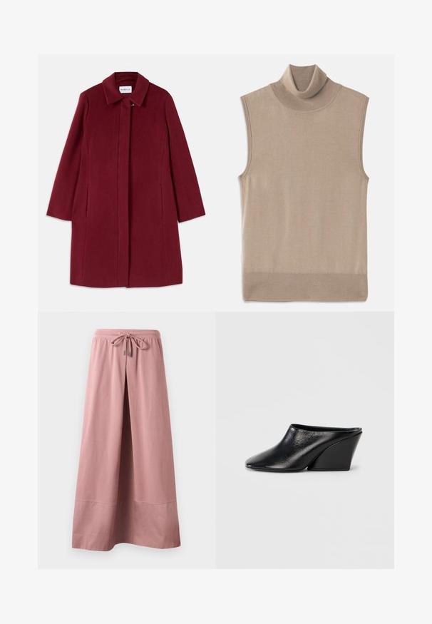 Bordeaux uldfrakke med et lige design, langærmede, sidelommer og en spids krave. Har en lukning med klap foran.; Beige ærmeløs strikket turtleneck sweater med ribbet krave, ærmeåbninger og kant, lagt fladt på en hvid baggrund.; Bukser med vidde i støvet lyserød, elastisk talje og snøre foran, lavet af blødt stof med bred kant.; Sorte læder wedge-mules med spids tå og glat tekstur. Hælen er slank og vinklet, hvilket giver en moderne silhuet.