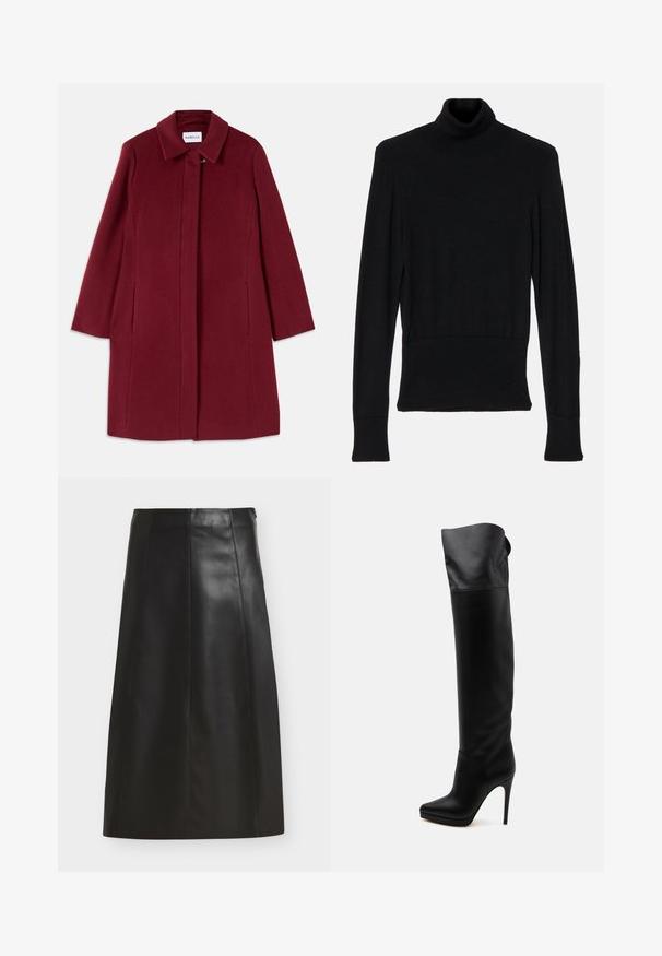 Manteau en laine bordeaux avec un design droit, manches longues, poches latérales et un col cranté. Présente une fermeture à agrafe à l'avant.; AERON TENDER LONG SLEEVED - Pullover - black; Jupe midi noire en ligne A avec détails de panneaux cousus et fermeture éclair latérale, présentée sur un fond blanc.; Botte en cuir noire montant jusqu'au genou avec bout pointu et talon haut aiguille sur fond blanc.