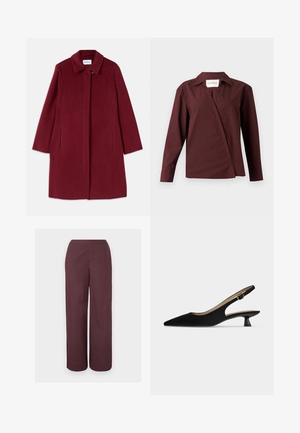 Burgundia villane jakk sirge disainiga, täispikkade varrukatega, küljetaskute ja lõikekaariga. Omab esitasku lukku.; CLOSED ASYMMETRIC SHIRT - Nööpidega pluus - dark raisin red; Pruunid kõrge vöökohaga laia säärega püksid, sileda esiosaga ja küljetaskutega, esitatud heleda ühevärvilise tausta ees.; Must terava ninaga slingback-king madala kitten-kontsa ja kuldse pannalrihmaga, profiilis vaadatuna ühtlasel heledal taustal.