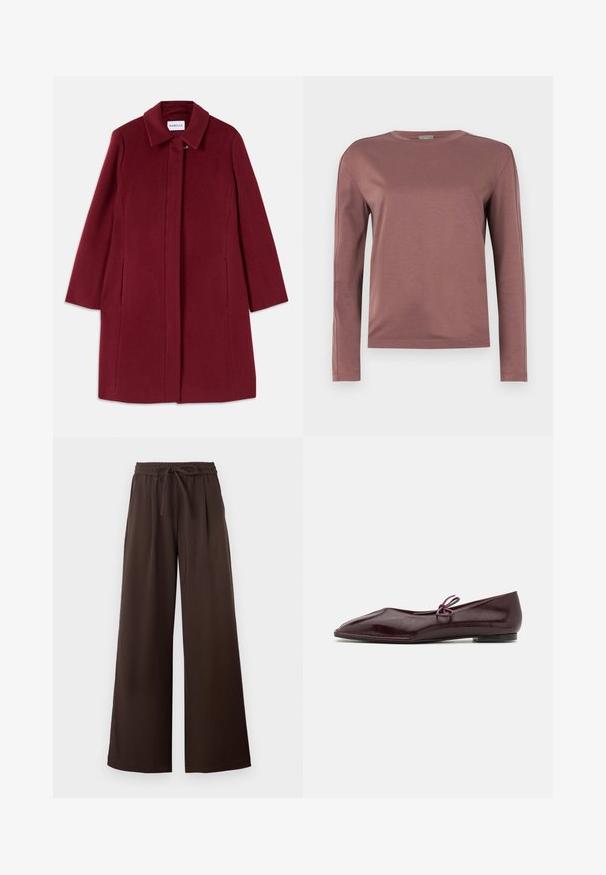 Manteau en laine bordeaux avec un design droit, manches longues, poches latérales et un col cranté. Présente une fermeture à agrafe à l'avant.; Chemise à manches longues en rose poussiéreux, fabriquée en tissu doux. Design à col rond avec coupe droite et détails de couture subtils. Style minimaliste.; Pantalon marron foncé à jambes larges, taille élastique et lien de serrage devant, présenté à plat sur fond blanc.; Ballerines en cuir verni bordeaux avec un bout pointu et un nœud décoratif violet sur le cou-de-pied ; design à semelle plate.