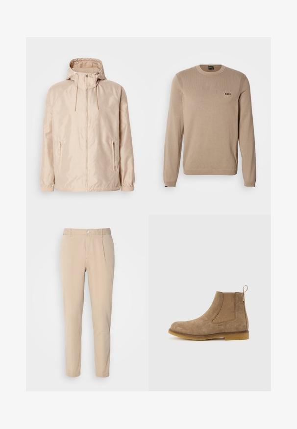 Beige Leichte Jacke mit Kapuze, ausgestattet mit einem durchgehenden Reißverschluss, zwei seitlichen Taschen, elastischen Bündchen und einem subtilen, geprägten Logo-Muster.; Beiger Strickpullover mit langen Ärmeln, rundem Ausschnitt, gerippten Details und kleinem schwarzem "BOSS"-Logo auf der Brust. Weiche Textur, klassischer Schnitt.; Beige Hosen mit schmaler Passform, aus gewebtem Material. Sie verfügen über einen einzelnen Knopfverschluss, eine gefalte Vorderseite und gerade Beine.; Hellbrauner Chelsea-Stiefel aus Wildleder mit elastischen Seitenpaneelen, Zuglasche an der Ferse und Gummisohle.