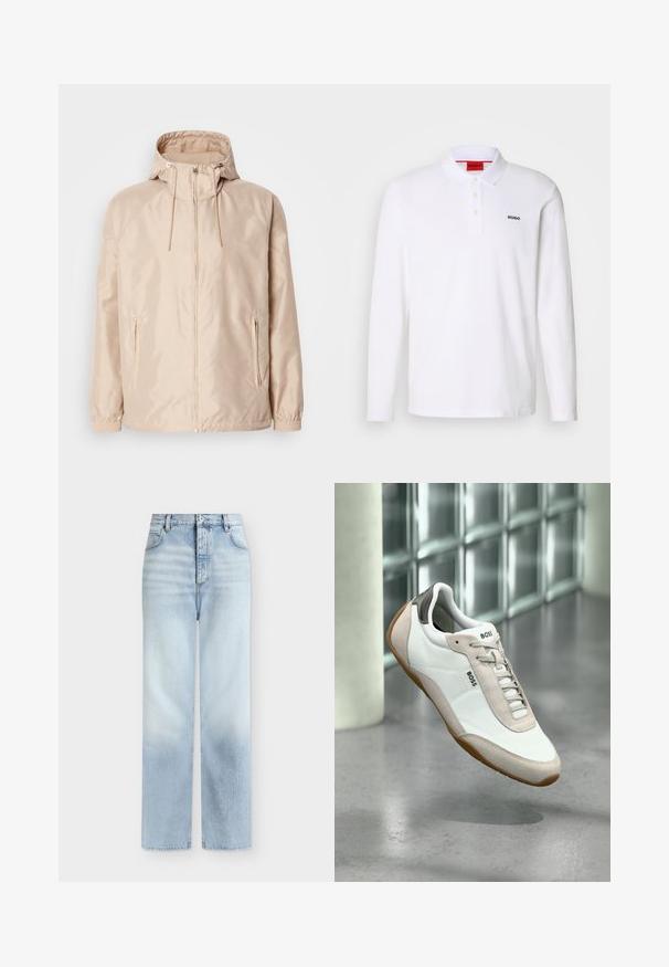 Béžová ľahká bunda s kapucňou, obsahujúca plný zips, dve bočné vrecká, elastické manžety a jemný embosovaný vzor s logom.; Biela polokošeľa s dlhým rukávom vyrobená z bavlny s golierom, trojbuttonovou légou a čiernym logom "HUGO" na ľavej hrudi.; Svetlomodré rifle s vysokým pásom a rovnými nohavicami, s prednými vreckami, pútkami na opasok a zapínaním na gombík.; Biela a béžová teniska BOSS s hnedou podrážkou vznášajúca sa nad leštenou betónovou podlahou na pozadí sklenenej blokovej steny.