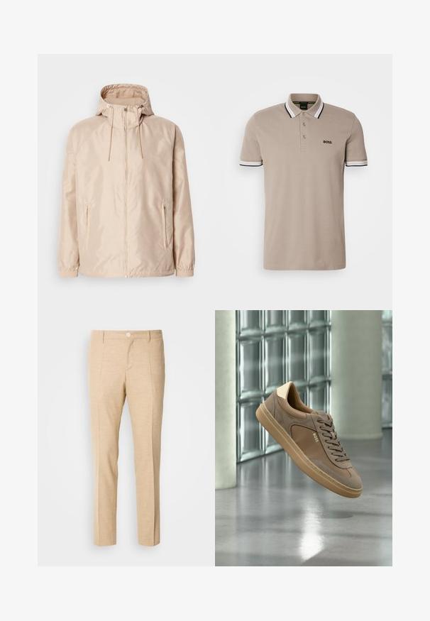Beige Leichte Jacke mit Kapuze, ausgestattet mit einem durchgehenden Reißverschluss, zwei seitlichen Taschen, elastischen Bündchen und einem subtilen, geprägten Logo-Muster.; Beiger Poloshirt mit klassischem Kragen, kurzen Ärmeln und Besatz in Schwarz und Weiß. Besticktes 'BOSS'-Logo auf der Brust.; Beige maßgeschneiderte Hosen aus strukturierter Stoff, mit geradem Bein-Design, vorderen Falten und einem einzigen Knopfverschluss an der Taille.; Beiger Freizeitsneaker mit Schnürsenkeln und „BOSS“-Logo, der über einem polierten Betonboden mit Glasbausteinwand im Hintergrund schwebt.