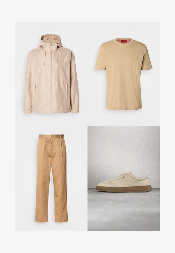Béžová ľahká bunda s kapucňou, obsahujúca plný zips, dve bočné vrecká, elastické manžety a jemný embosovaný vzor s logom.; Béžové bavlnené tričko s okrúhlym výstrihom, krátkymi rukávmi a malým bielym logom "HUGO" na hrudi. Hladká textúra bez vzoru.; Khaki nohavice, z bavlneného zmesi, priamy strih, predné záhyby, pútka na opasok a gombíkový uzáver. Hladká textúra bez vzoru.; Svetlo béžová semišová teniska s podrážkou z gumovej gumy, výraznými šnúrkami a jemnými detailmi šitia. Čistý dizajn s minimalistickou estetikou.