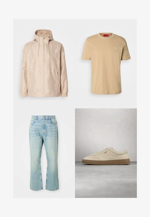 Béžová ľahká bunda s kapucňou, obsahujúca plný zips, dve bočné vrecká, elastické manžety a jemný embosovaný vzor s logom.; Béžové bavlnené tričko s okrúhlym výstrihom, krátkymi rukávmi a malým bielym logom "HUGO" na hrudi. Hladká textúra bez vzoru.; Svetlomodré džínsy s rozšírenými nohavicami a vysokým pásom, so piatimi vreckami, pútkami na opasok a so zafarbením s vyblednutým vzhľadom.; Svetlo béžová semišová teniska s podrážkou z gumovej gumy, výraznými šnúrkami a jemnými detailmi šitia. Čistý dizajn s minimalistickou estetikou.