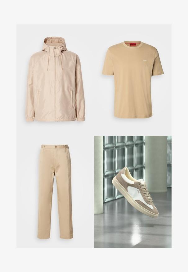 Veste légère beige avec une capuche, dotée d'une fermeture éclair intégrale, de deux poches latérales, de poignets élastiques et d'un subtil motif de logo en relief.; T-shirt en coton beige avec un col rond, des manches courtes et un petit logo blanc "HUGO" sur la poitrine. Texture lisse sans motifs.; Pantalons beiges en tissu léger, avec une coupe droite, une taille avec passants de ceinture et une fermeture à bouton sur le devant.; Baskets en suède beige et blanc avec lacets et logo « BOSS », flottant au-dessus d’un sol en béton poli avec des murs en blocs de verre en arrière-plan.