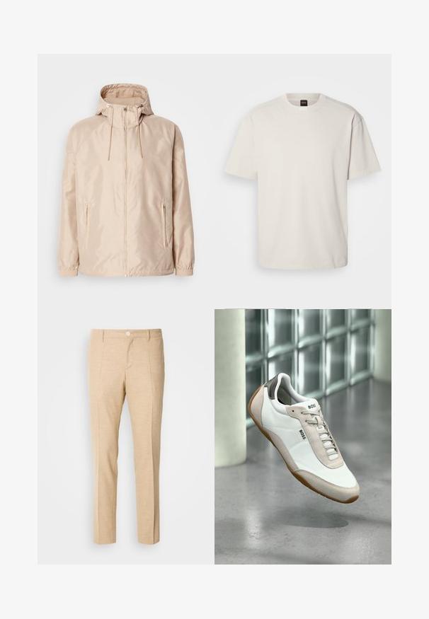 Béžová ľahká bunda s kapucňou, obsahujúca plný zips, dve bočné vrecká, elastické manžety a jemný embosovaný vzor s logom.; Tričko s krátkym rukávom a okrúhlym výstrihom v off-white farbe z bavlny, s rovnými líniami a minimálnym označením na golieri. Mäkka textúra, bez vzorov.; Béžové nohavice so strihom na mieru, s textúrovanou látkou, rovnými nohavicami, prednými záhybmi a jedným gombíkom na zapínanie v páse.; Biela a béžová teniska BOSS s hnedou podrážkou vznášajúca sa nad leštenou betónovou podlahou na pozadí sklenenej blokovej steny.